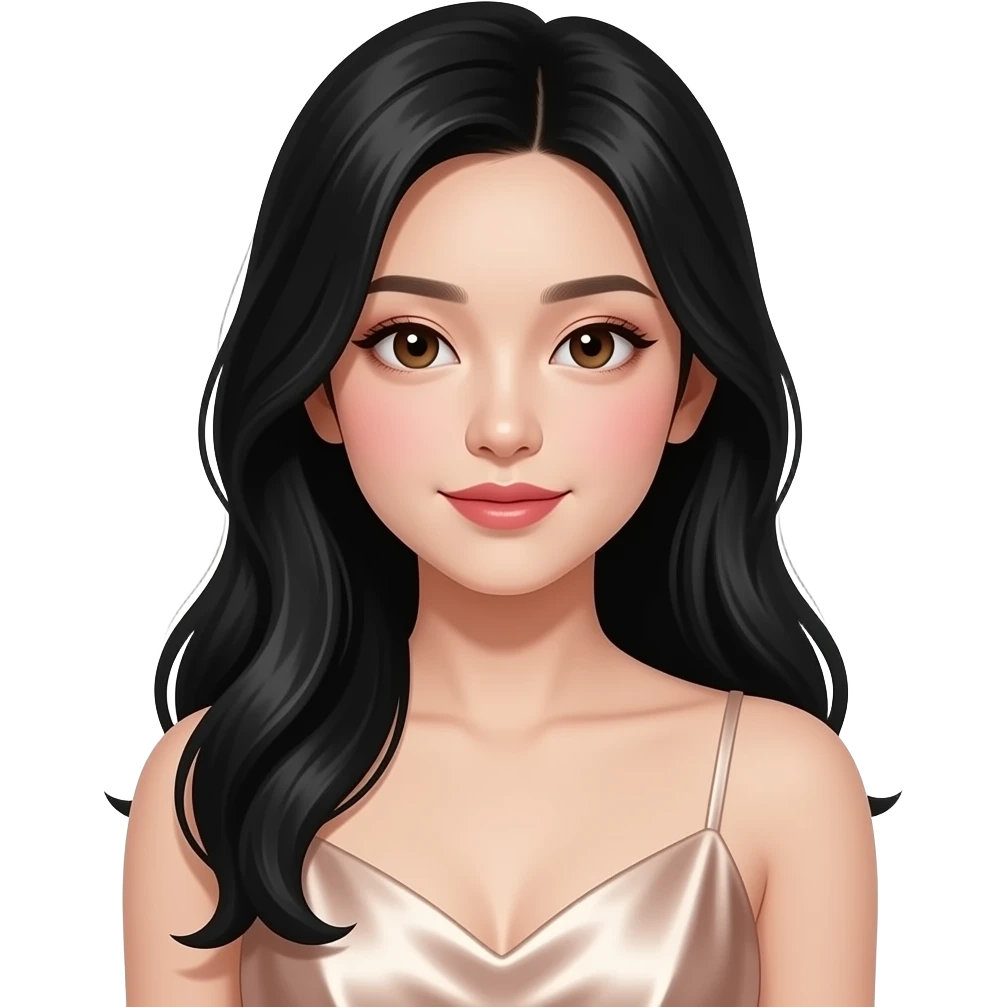 A Chinese teen girl with long black hair in a fancy dress with brown eyes wearing make up emoji