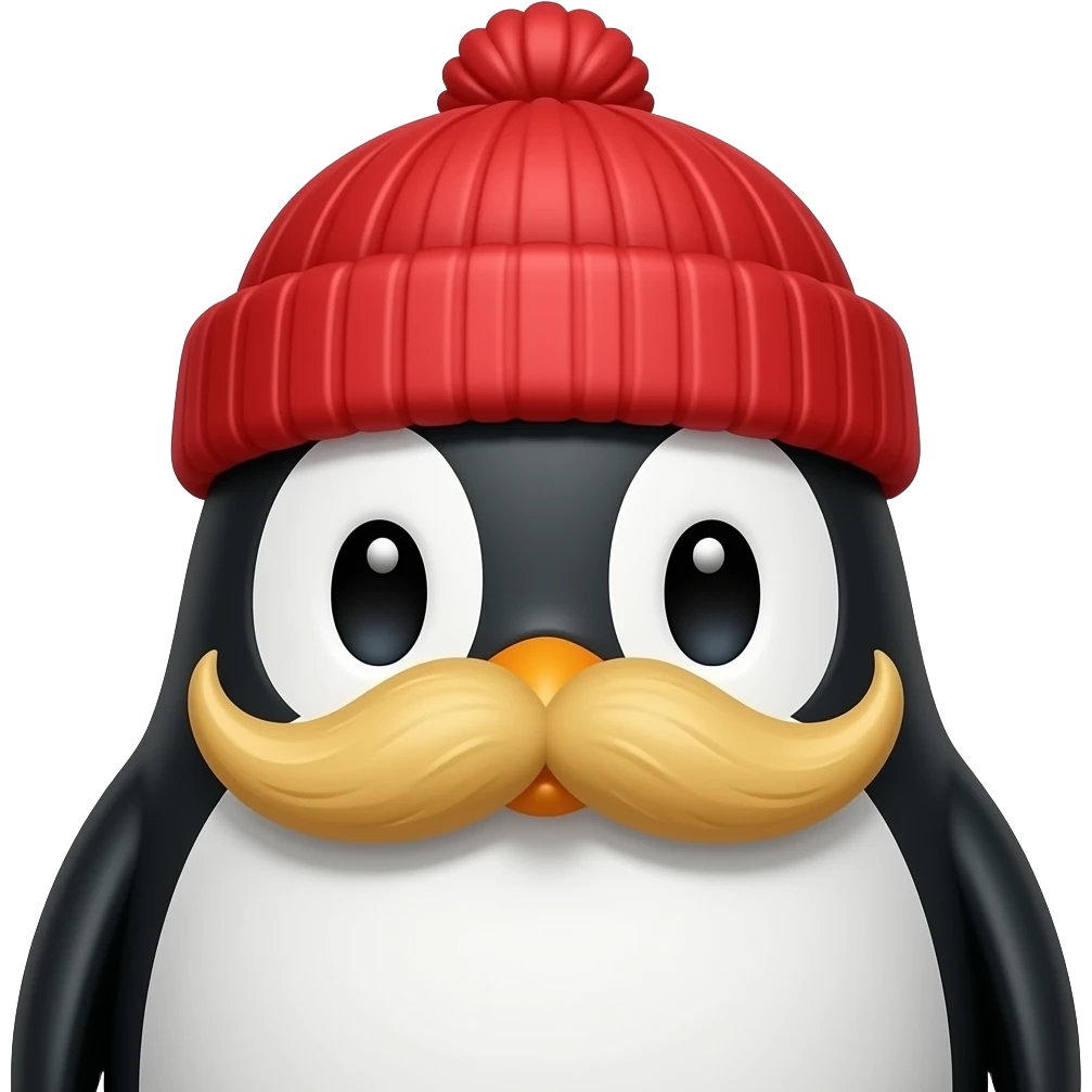 penguin with blond mustache and red beanie, just face emoji