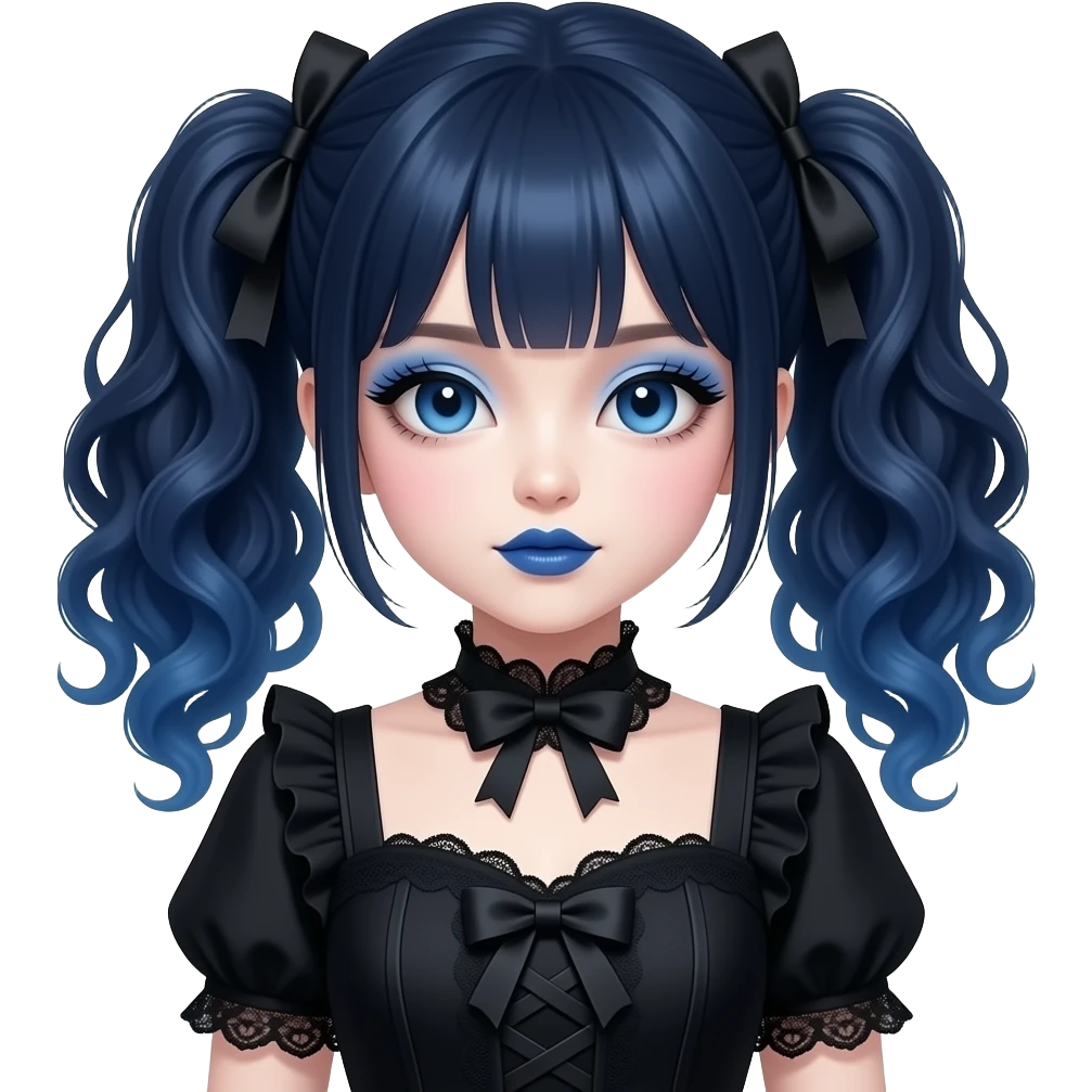 Japanese pale woman with dark blue curly pigtails and bangs, royal blue lips and eyeshadow, long eyelashes, blue eyes, black Lolita dress with laces and ribbons, gothic Lolita doll look emoji