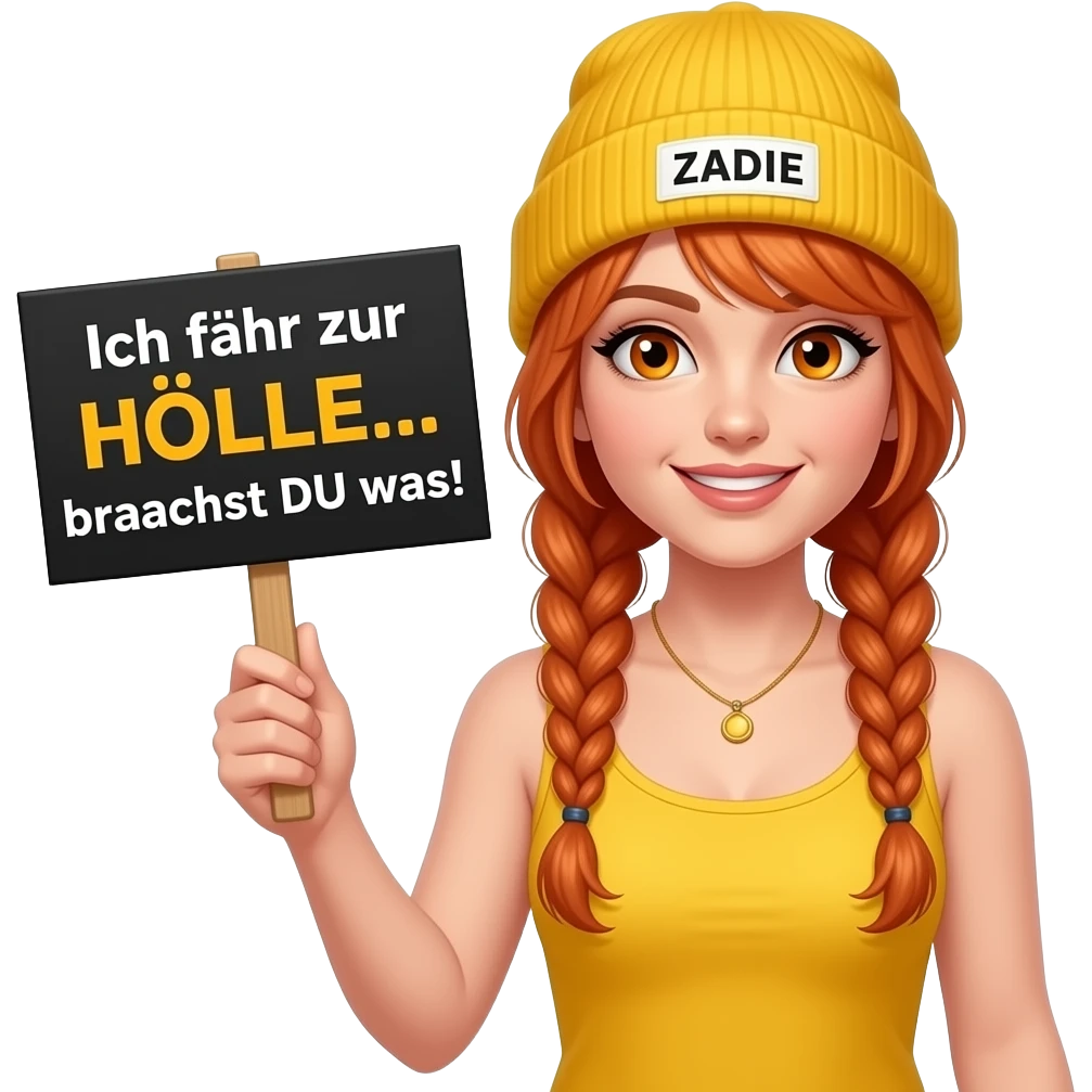 sexy girl with overlong ginger braids and ginger eyes wearing a yellow tanktop and a yellow beanie with ZADIE written on it, is holding a black sign with Ich fahr zur HÖLLE... brauchst DU was! written on it emoji
