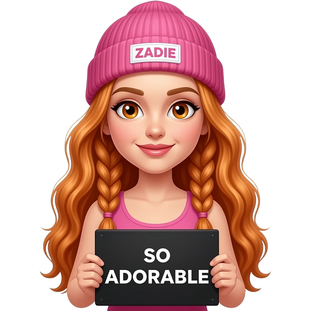 sexy girl with overlong ginger braids and ginger eyes wearing a pink tanktop and a pink beanie with ZADIE written on it, is holding a black sign with SO ADORABLE written on it emoji