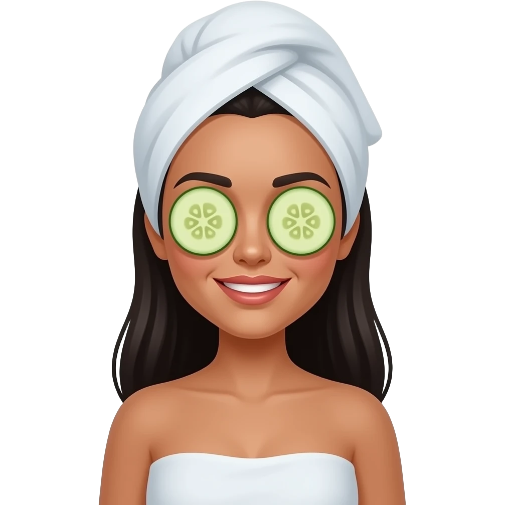 Una mujer morena de cabelloo negro  largo   con toalla y pepino en los ojos emoji
