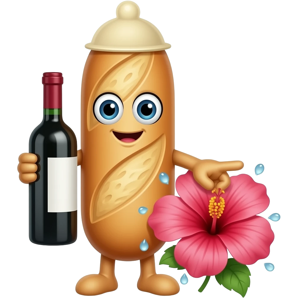 Longue Baguette avec une bouche, des yeux et des bras. Elle a un preservatif sur le haut de la tete et une bouteille de vin dans la main. L'autre main a deux doigts tendus et collés touchant le centre d'un hibiscus qui a des gouttes d'eau autour emoji