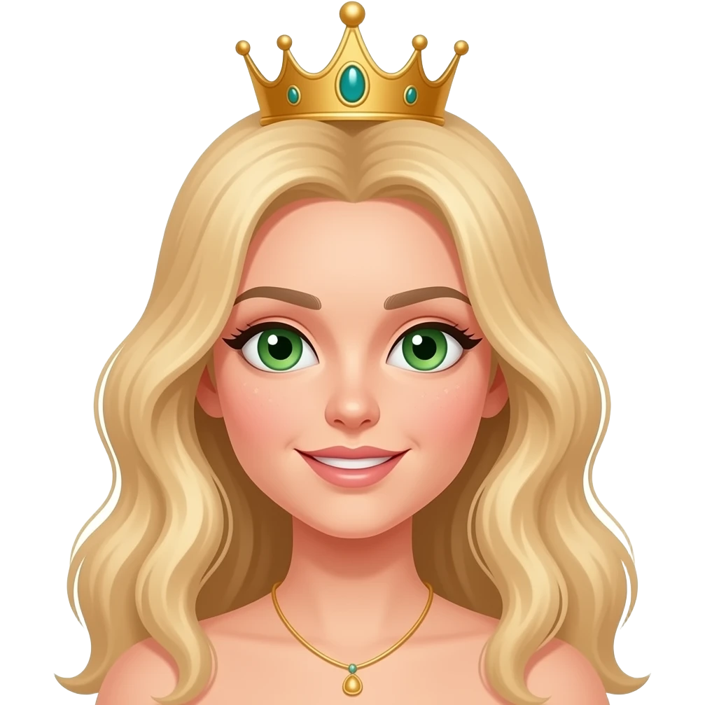 Queen peach skin and blonde flowing hair in crown bright green eyes emoji