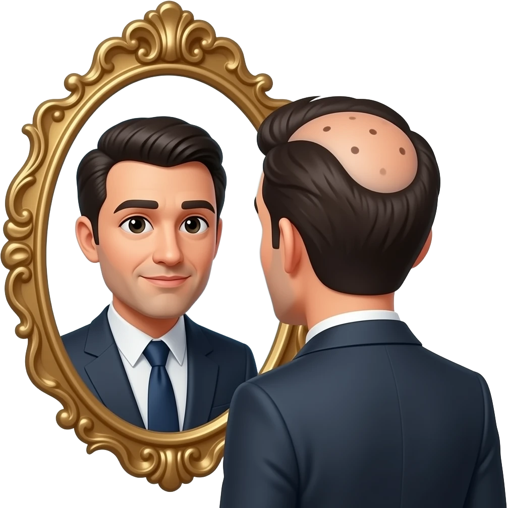Мужчина смотрится в зеркало и видит залысины emoji