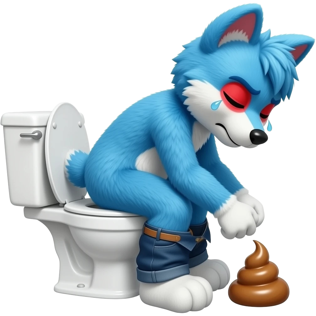 blue fursuit sitting on toilet, side view , pants down, pushing, eyes closed, straining face, red face, sweating, trying to poop emoji