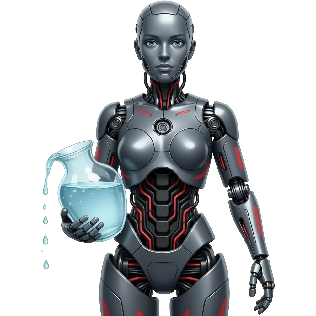 A mechanical woman made of dark gray steel with black and red markings carrying a vase of water with water spilling out, no human features, only robot features, entire body, full body, emoji