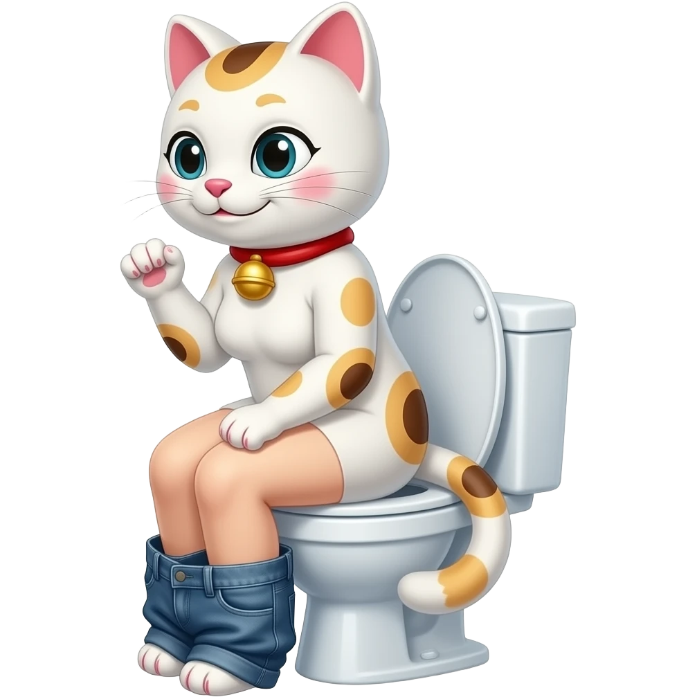 Female white maneki neko furry person woman,smile,sit on toilet,fursona,pants down,side view emoji