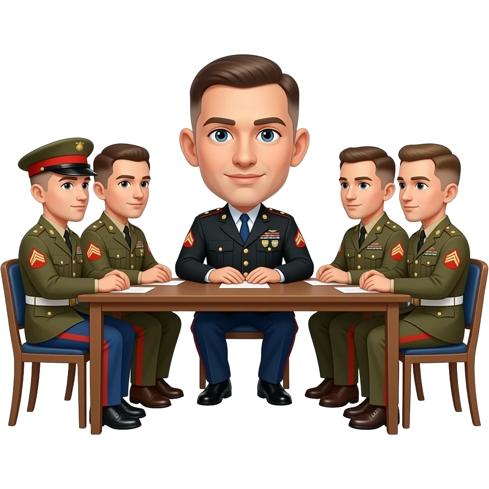 Marines meeting at a table lead by a big eared marine emoji