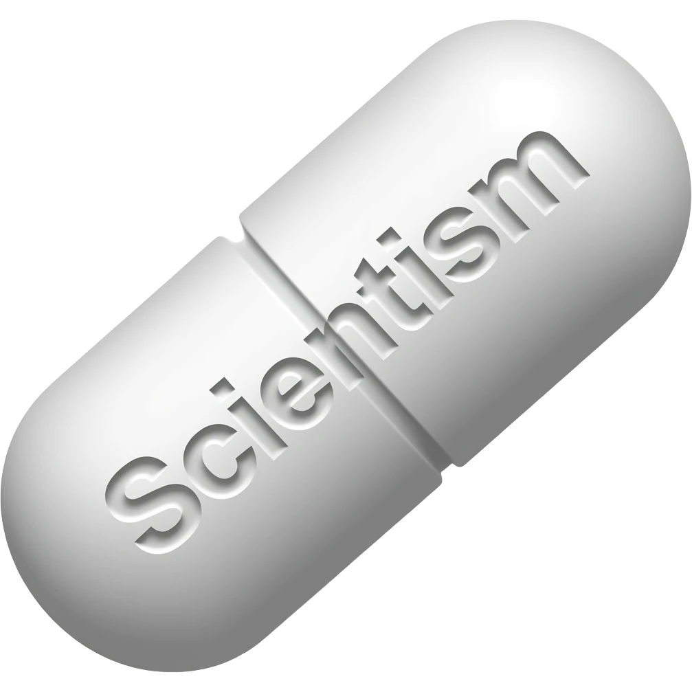 A single white solid oblong pill with "Scientism" engraved in it at a 45 degree angle emoji
