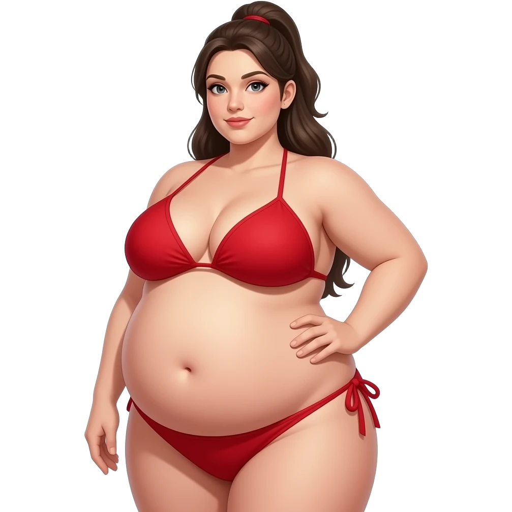 white women 3 quarter view with a huge bloated gigantic belly, big boobs, red bikini, belly focus, from bottom, obese, fat, NO LEGS emoji