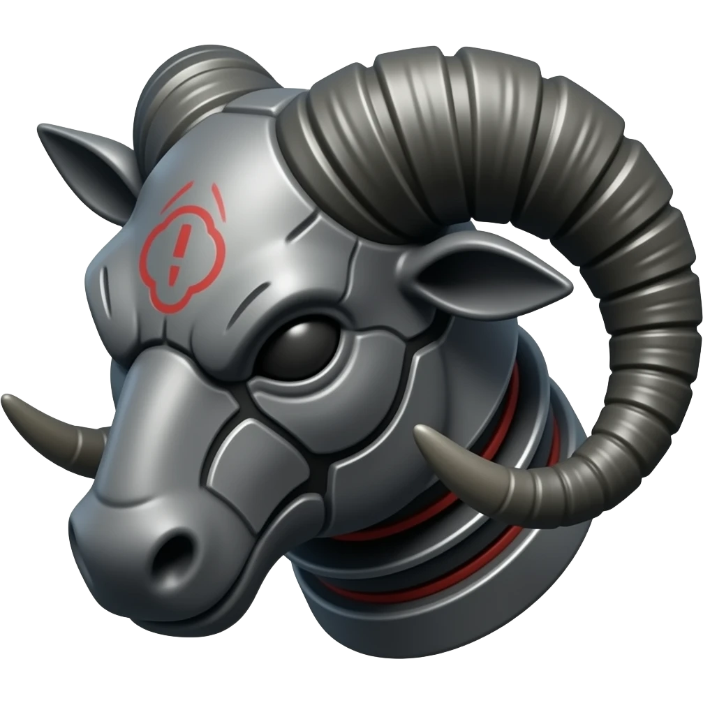 Mechanical Transformer Ram with curled horns made of dark grey metal with black and red markings. emoji