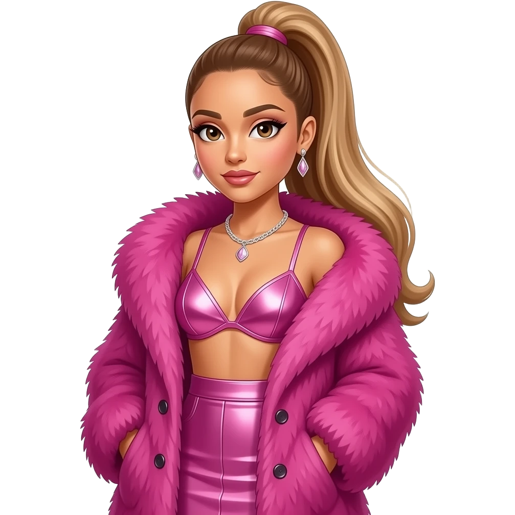 Ariana Grande with brown eyes, golden brown high ponytail hair, fuchsia fur coat, pink metallic bra, pink metallic long skirt, necklace and earrings emoji