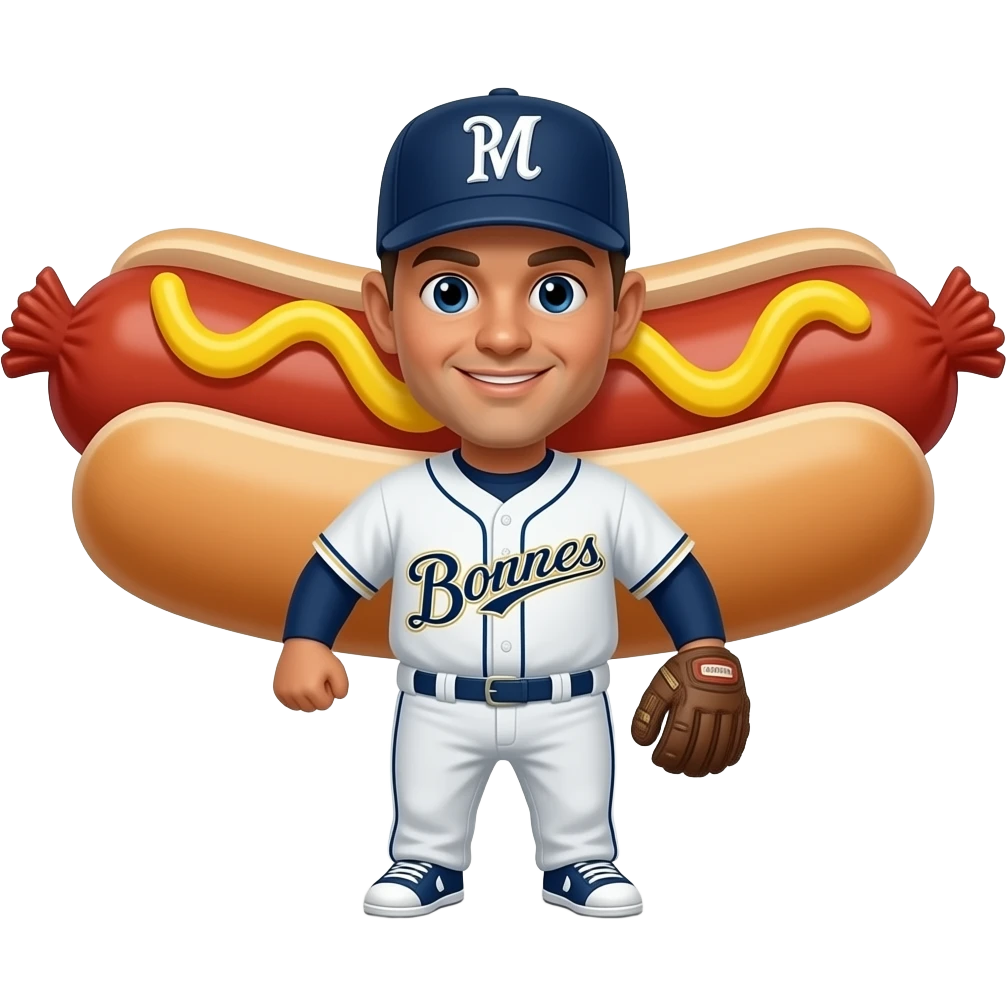 Baseball player in a sausage costume that says Milwaukee Brewers emoji
