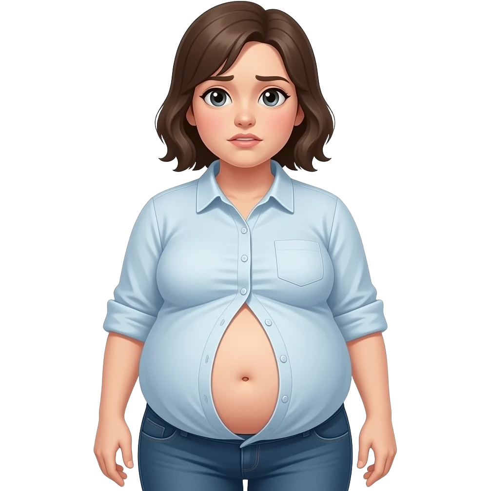 a girl with a huge stomach that is full to bursting,so bloated that she gets a tummyache,her bellybutton is poking out and her shrunk tight shirt buttonholes are at breaking point. emoji