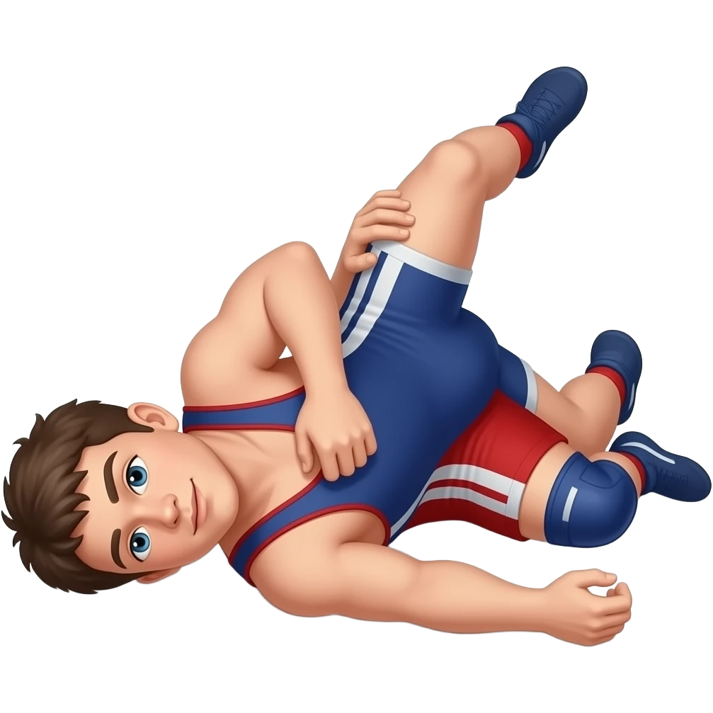 Erstelle ein Bild von zwei Uni-Wrestler (23) in kurzen, knappen und engen Wrestler-suits, die beiden haben unterschiedlich Farben an (rot und blau) und sie ringen liegend miteinander auf dem Boden emoji