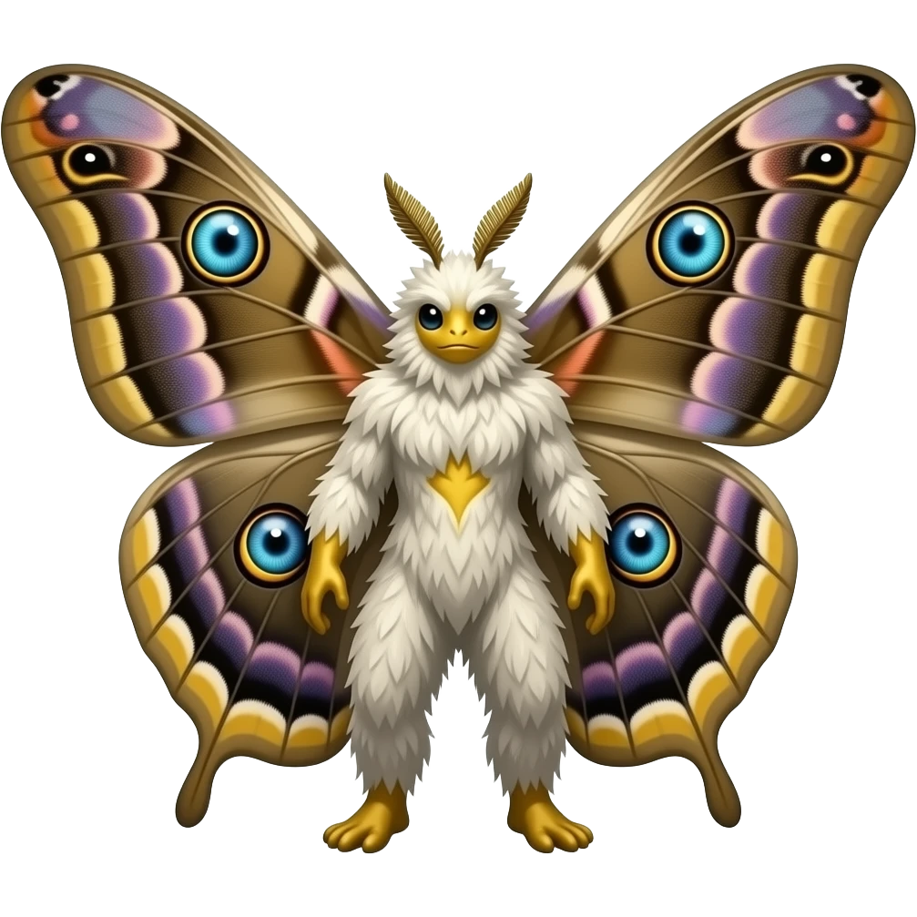 a colossal divine moth-like creature , Massive moth wings with colorful eye patterns, Fuzzy white or golden body, Long antennae, glowing bioluminescence, emoji