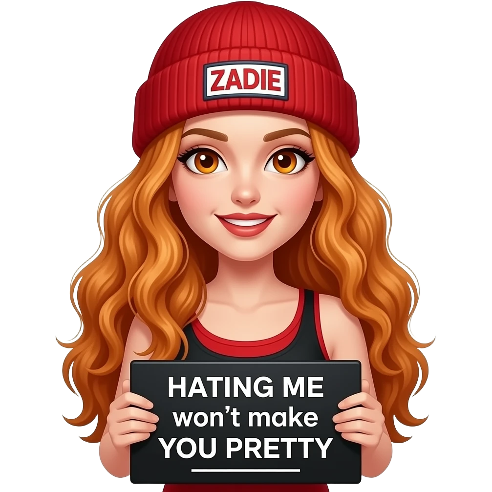 sexy girl with overlong wavy ginger hair and ginger eyes wearing a black red tanktop and a red beanie with ZADIE written on it, is holding a black sign with HATING ME won't make YOU PRETTY written on it emoji