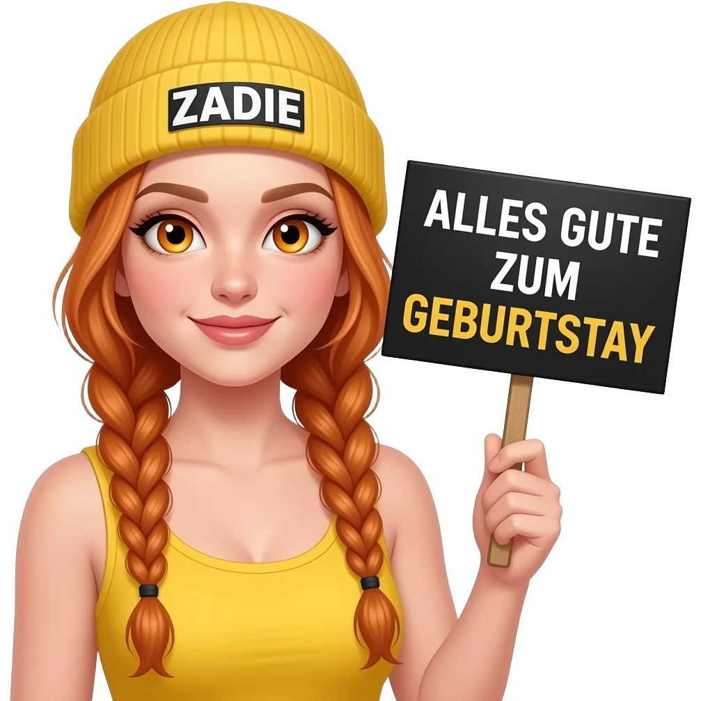 sexy girl with overlong ginger braids and ginger eyes wearing a yellow tanktop and a yellow beanie with ZADIE written on it, is holding a black sign with ALLES GUTE ZUM GEBURTSTAG written on it emoji