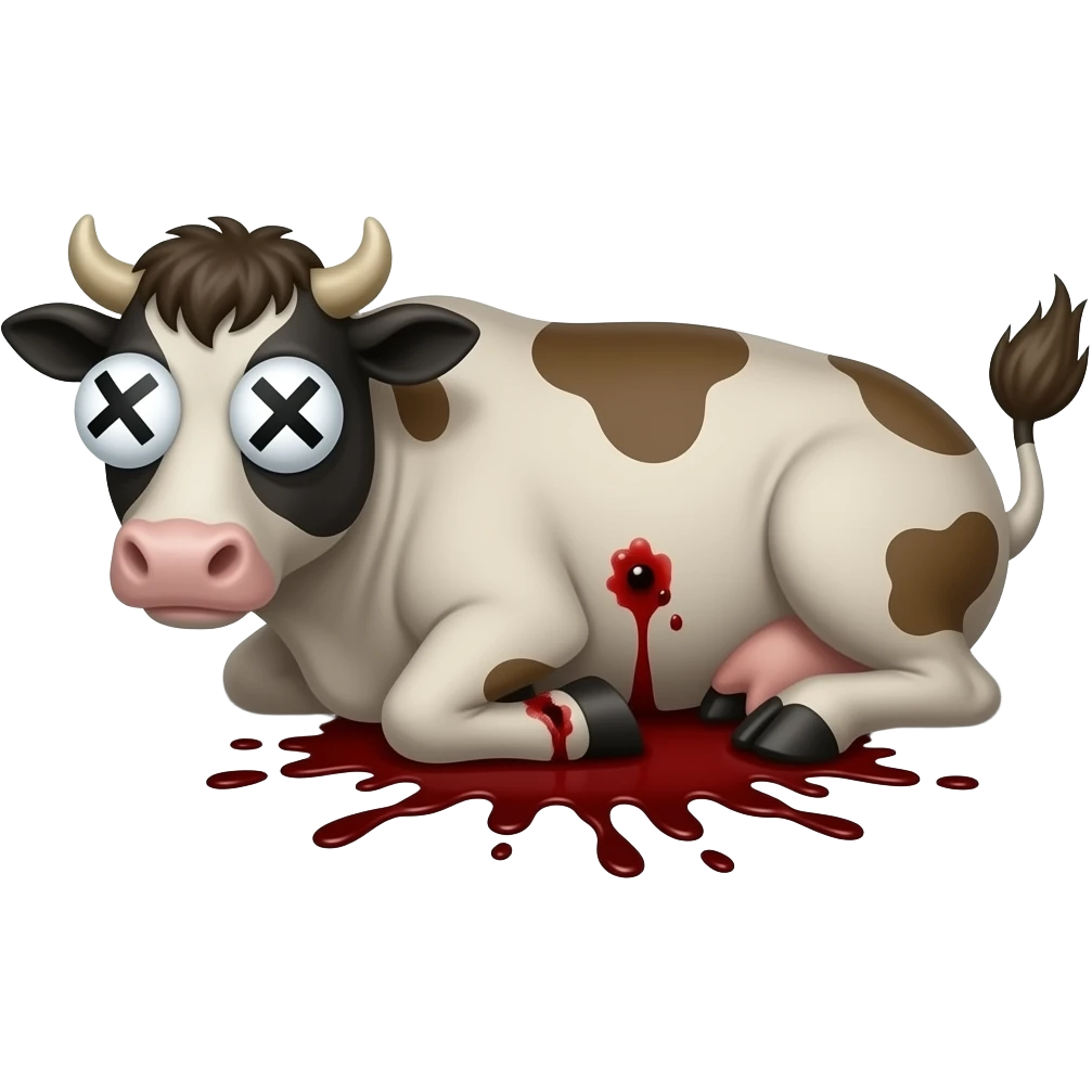 vaca con equis en los ojos acostada en el piso con una herida de sangre emoji