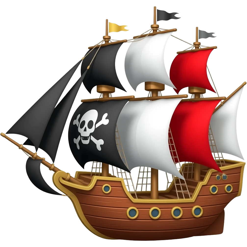 Grand Bateau de pirate avec Voile de couleur noir l'avant, le milieu blanche, et l'arrière rouge avec un coque rouge emoji