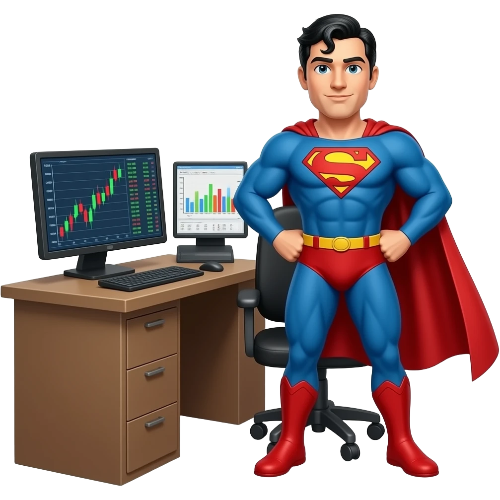 Superman day trading in a front of emoji