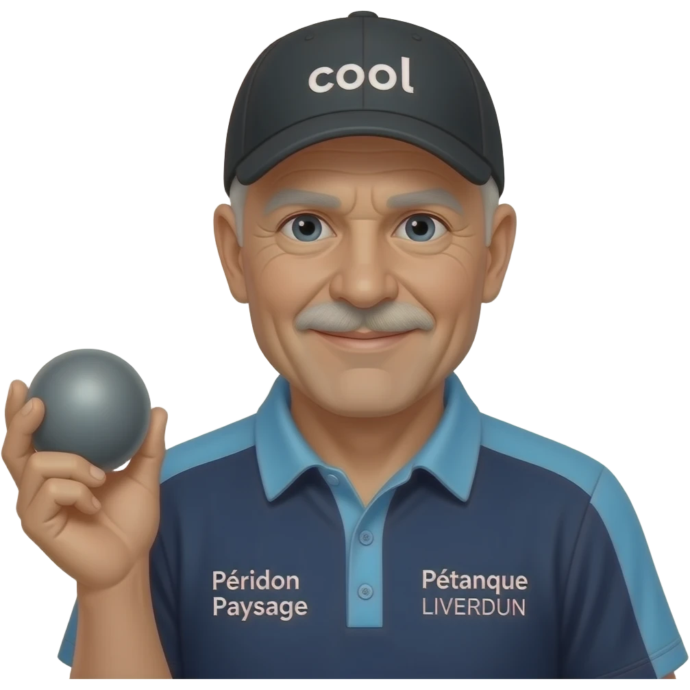 tête homme 60 ans chauve sous casquette noire marquée "cool" avec boule de pétanque grise à la mainsur maillot bleu foncé avec col trois boutons bleu clair avec épaules seules bleu clair coté droit Pétanque LIVERDUN, côté gauche "Péridon Paysage" emoji
