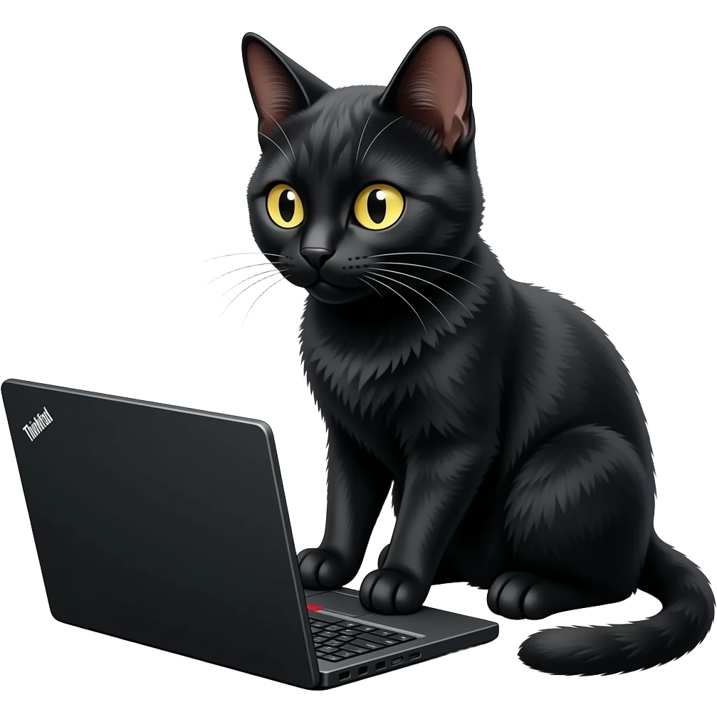 Черная вислоухая кошка работает за черным ноутбуком ThinkPad с красным трекпоинтом. emoji