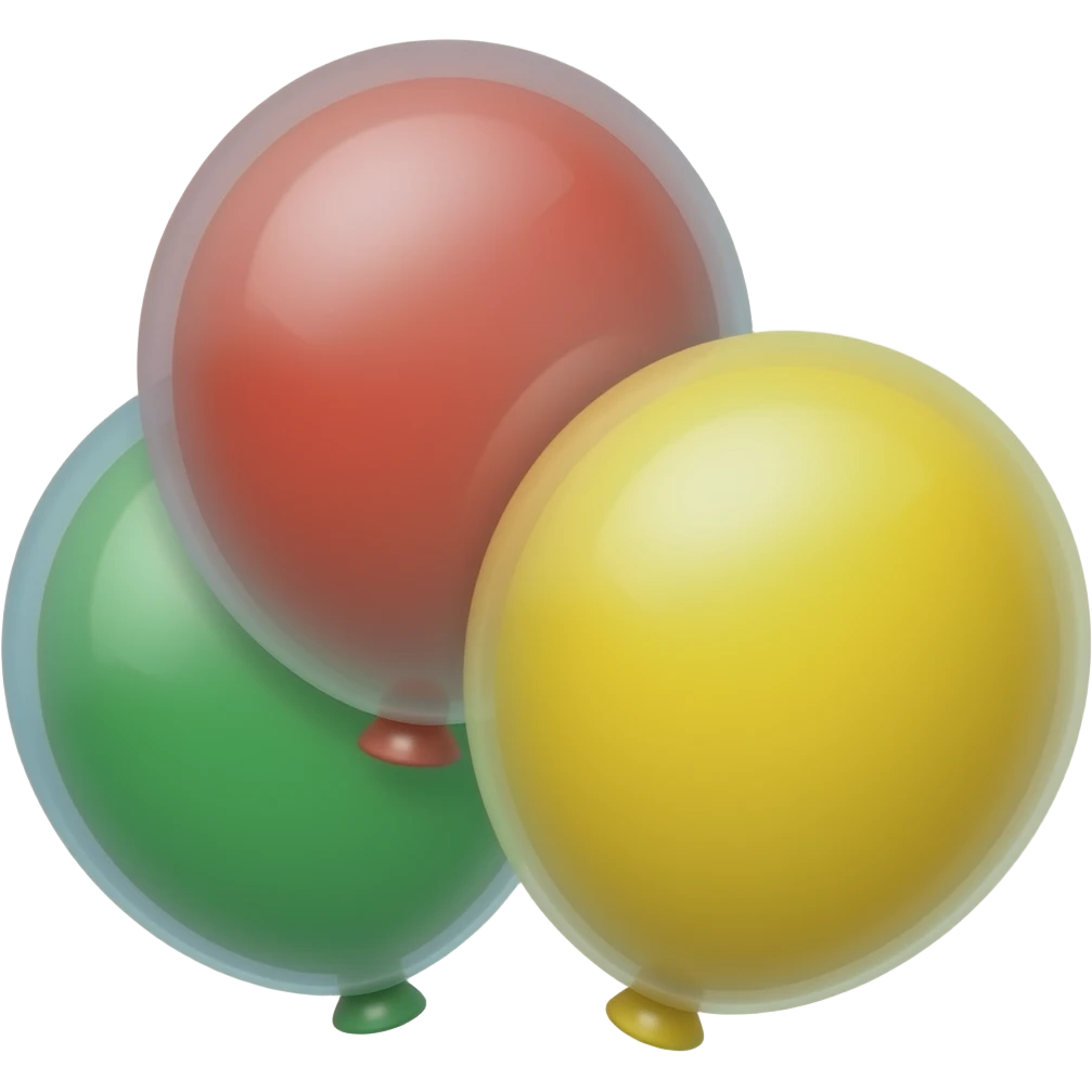 3 balloons 1 red, 1 green, and 1 yellow, catroonish emoji