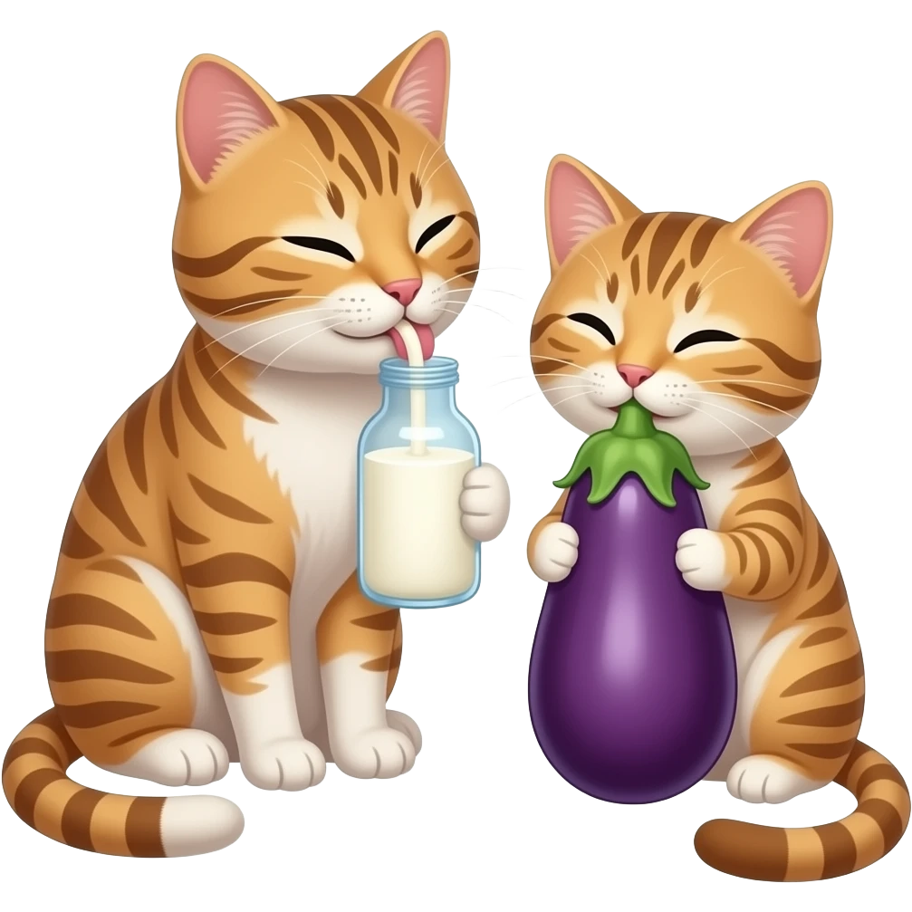 Cat licking milk off another cat that’s eating an eggplant emoji