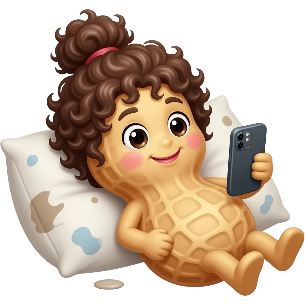 An anthropomorphic peanut with  messy bun with curly face framing pieces and a cute smile and plump lips, laying on a dirty pillow looking at her phone emoji