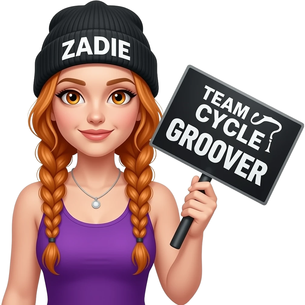 sexy girl with overlong ginger braids and ginger eyes wearing a purple tanktop and a black beanie with ZADIE written on it, is holding a black sign with TEAM CYCLE GROOVER written on it emoji