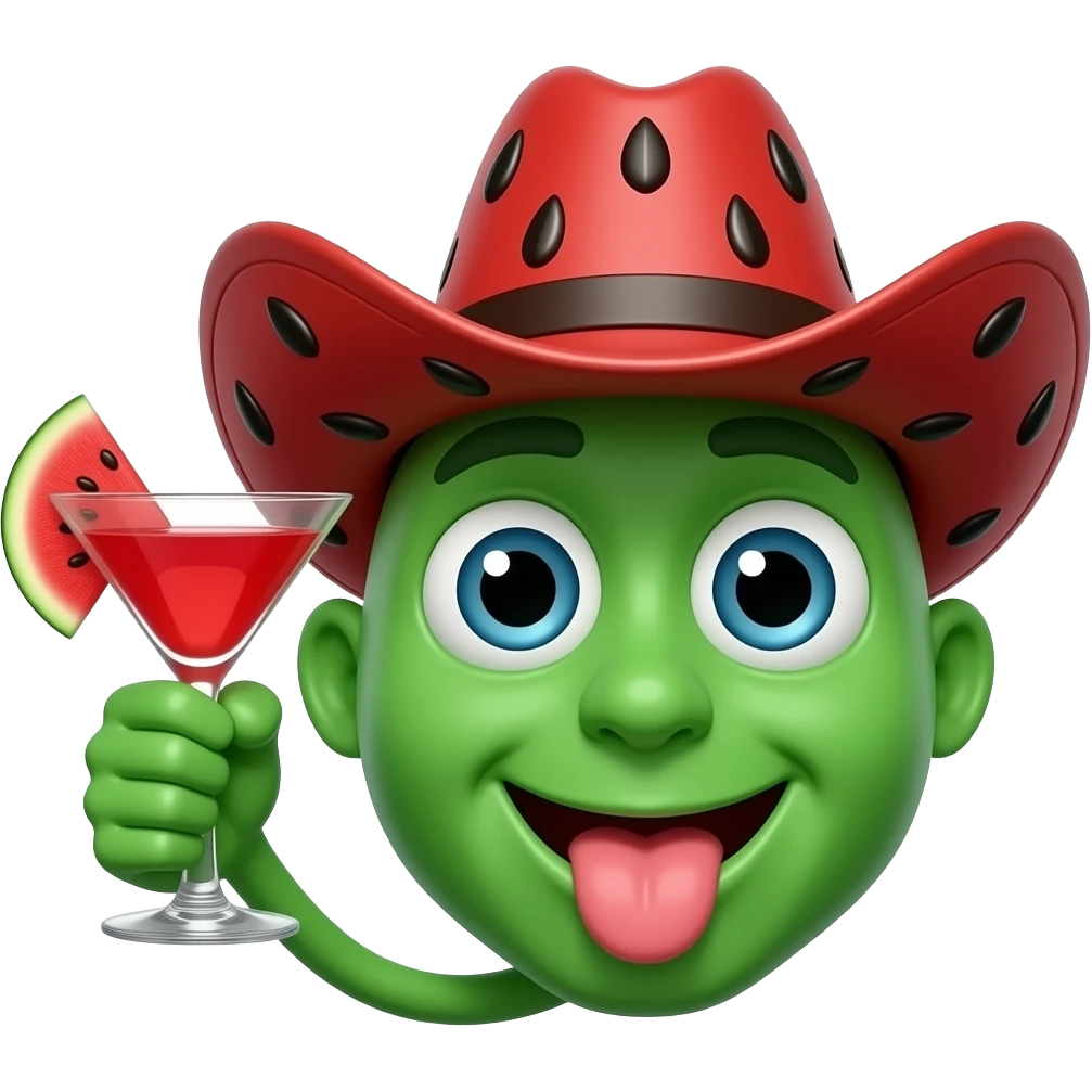 A round smiley face emoji with green skin, wearing a red cowboy hat with black seed pattern, tongue sticking out, one stylized hand raised holding a red cocktail glass with a watermelon slice on the rim, flat bold emoji art style, simple smooth features emoji