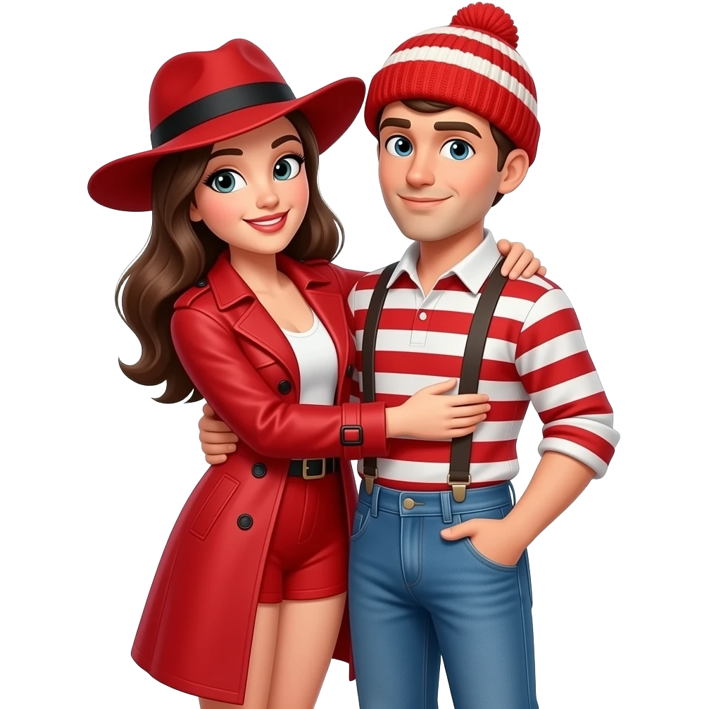 Carmen San Diego, a young woman wearing a red trench coat, a wide brim red hat with black band, and red shorts and Waldo, a young man wearing blue jeans, suspenders, a red and white striped shirt and a red and white striped knit beanie hat hugging emoji