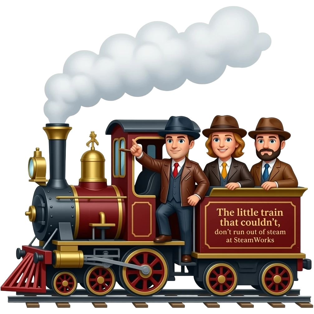 Print text: "The little train that couldn't, don't run out of steam at SteamWorks". Image of Gay leatherman train conductor, gay leatherman passengers on the little train that couldn't. emoji