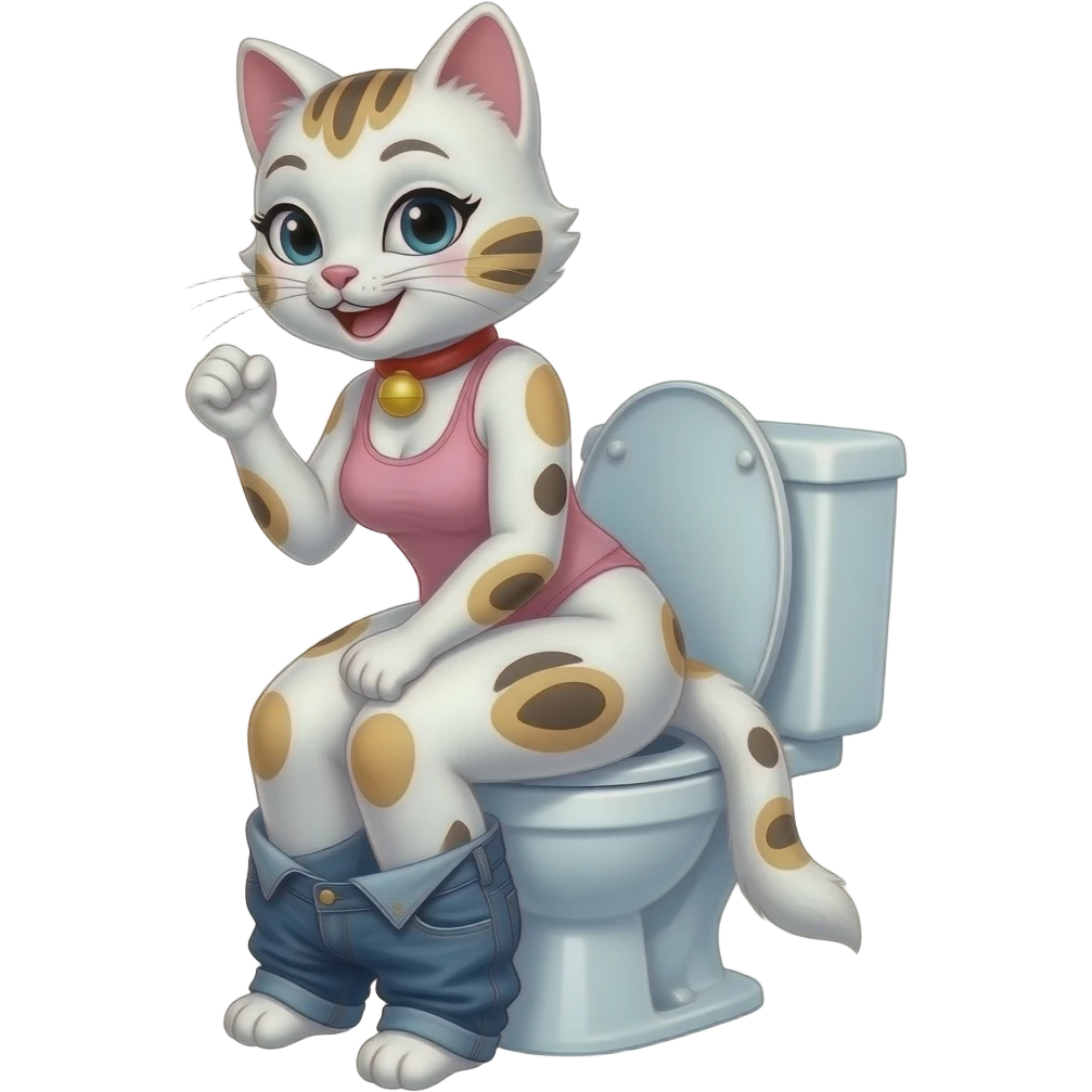 Female white maneki neko furry person woman,smile,sit on toilet,fursona,pants down,side view emoji