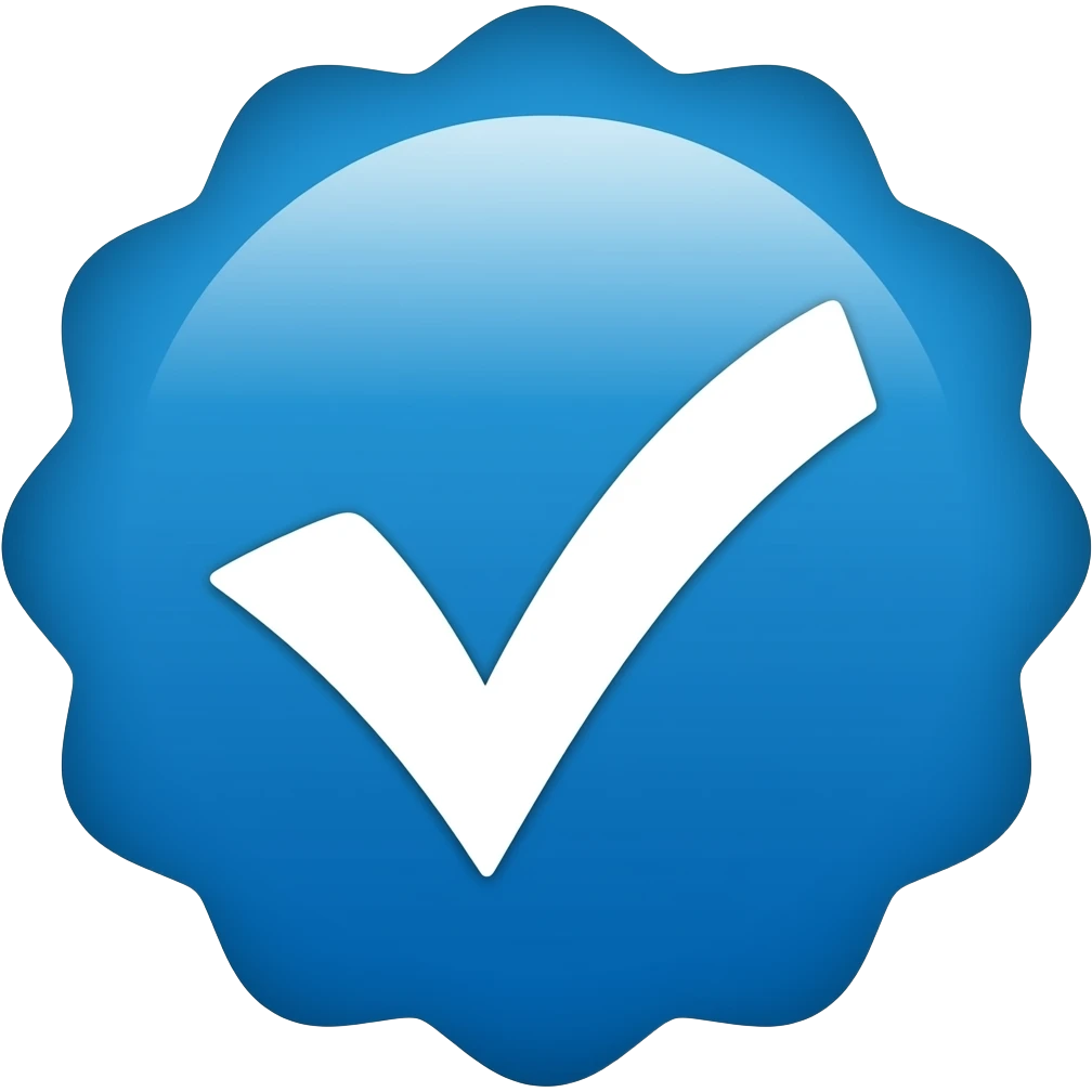 Vibrant blue scalloped badge icon featuring a thick, white rounded checkmark in the center, set against a clean, flat, minimalist background for a professional look. emoji
