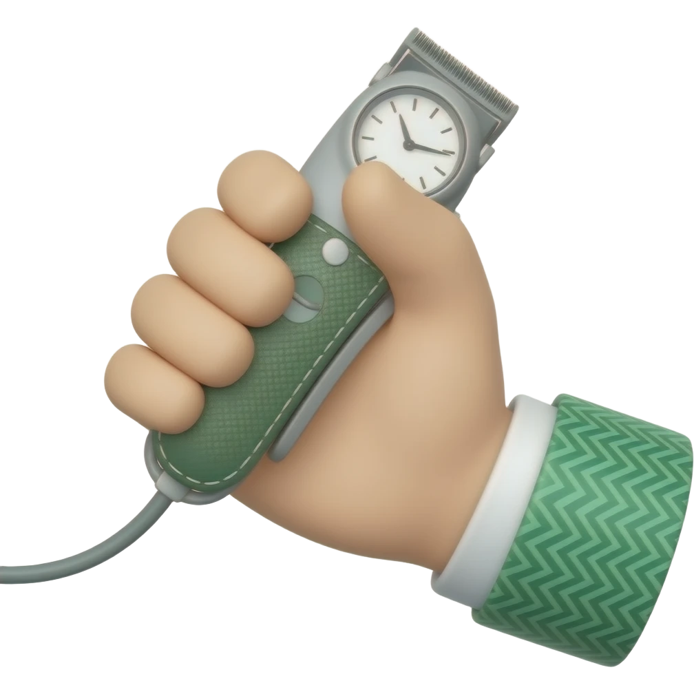 hand emoji from outside view, single hand, green herringbone sleeve, white cuff, green tonneau watch on back of wrist, gripping green leather barber trimmer. emoji