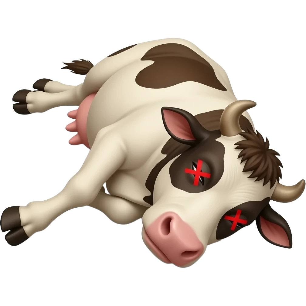 vaca muy muy flaca y delgada con equis rojas en los ojos acostada en el piso como cansada y sin vida, emoji