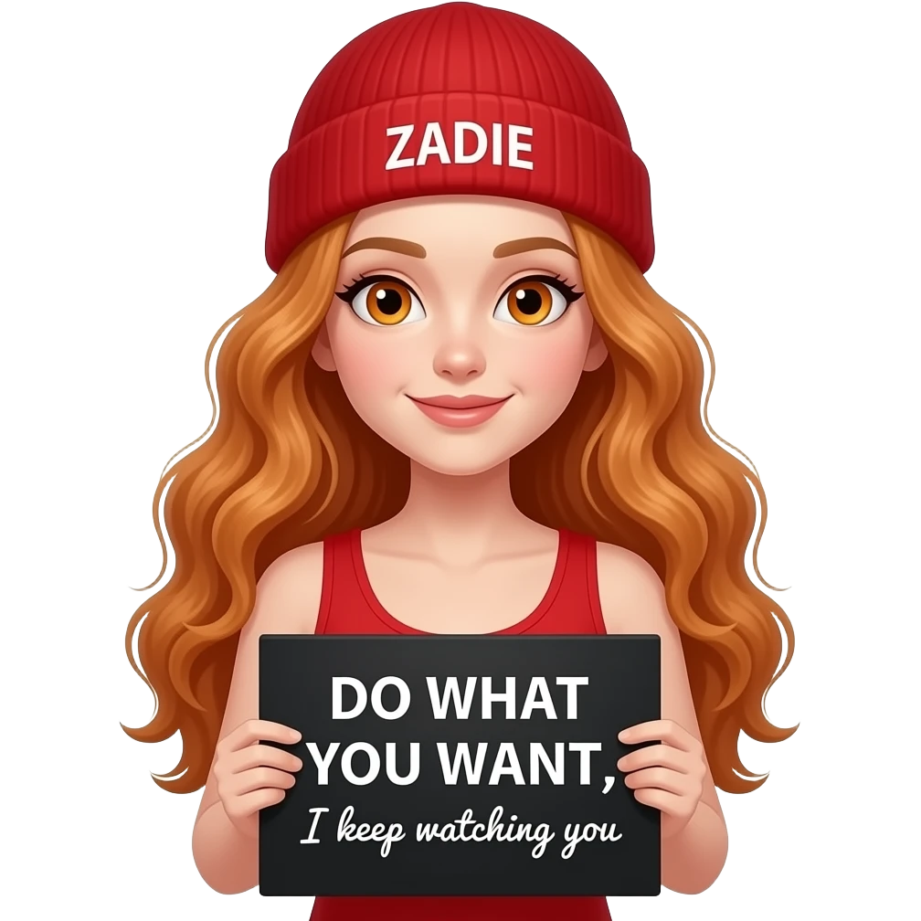 sexy girl with overlong wavy ginger hair and ginger eyes wearing a red tanktop and a red beanie with ZADIE written on it, is holding a black sign with DO WHAT YOU WANT while I keep WATCHING YOU written on it emoji