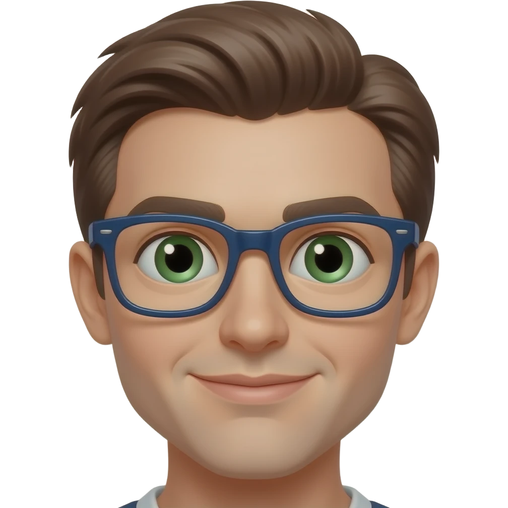 Green eyes, brown hair, navy blue glasses emoji