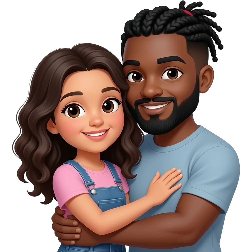 Black hair Hispanic girl with wavy hair and black guy with black cornrows and thick beard hugging emoji