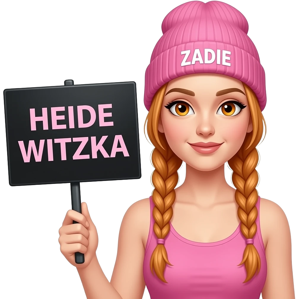 sexy girl with overlong ginger braids and ginger eyes wearing a pink tanktop and a pink beanie with ZADIE written on it, is holding a black sign with HEIDE WITZKA written on it emoji