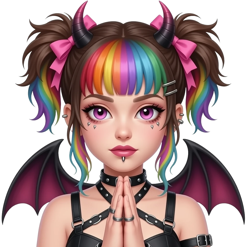 Baphomet babe with thick septum ring and face piercings, messy, washed-out rainbow dyed hair and overgrown brunette roots, styled into two matted, spiky, y2k/alt-fashion buns, styled with frilly girly pink hair bows and bondage while praying to her dear lord and daddy Lucifer down below emoji