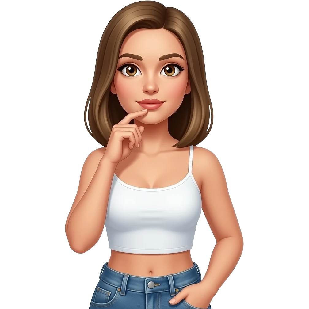 Woman thinking and looking up wearing white crop top with jean pants. Brown eyes and dark blonde straight hair. Very sexy and seducing eye look. emoji