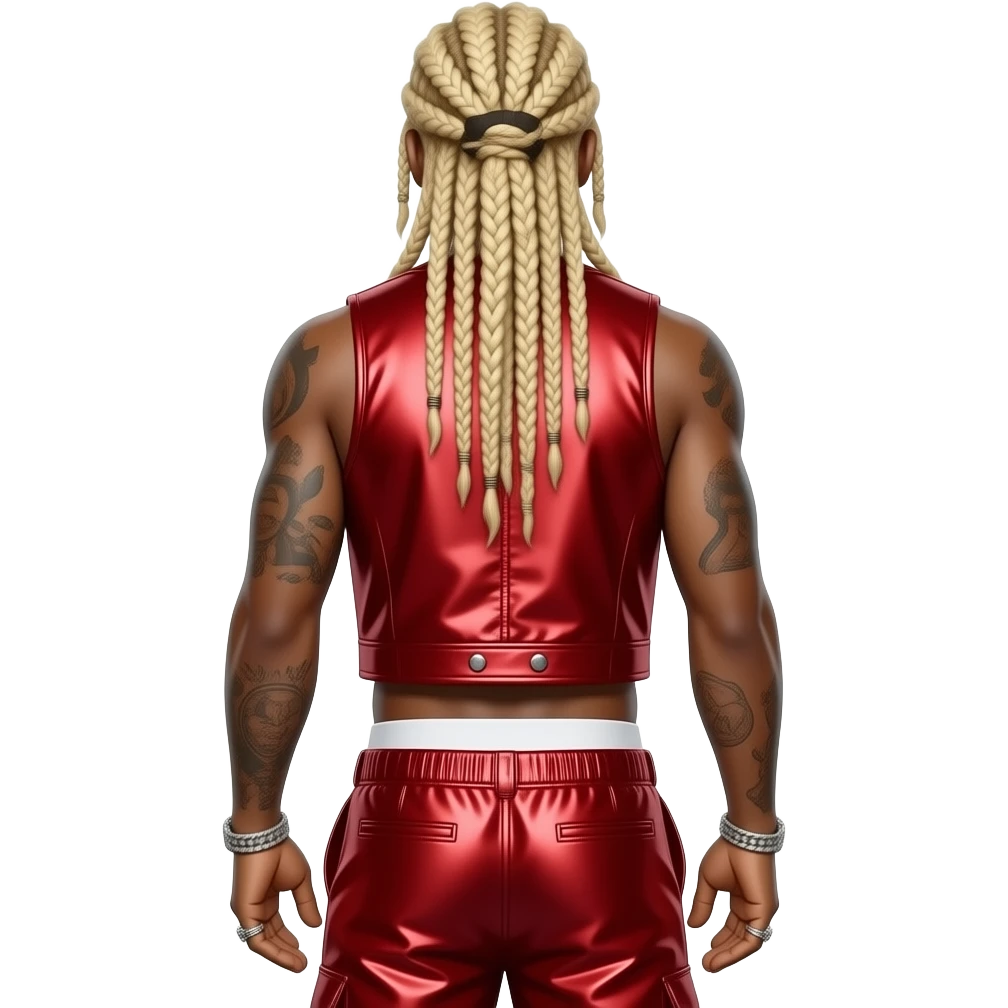 Lil Wayne from behind with long blonde dreads, red metallic vest, red metallic baggy pants with white undies, shirtless emoji
