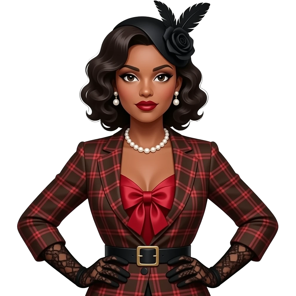 A medium shot of a stylish Black girl with dark wavy vintage curls, wearing a black feathered fascinator with a black rose, bold dark makeup, pearl jewelry, and a brown and red plaid blazer over a deep red satin top with a large bow, black lace gloves, and a belt with a square buckle. emoji