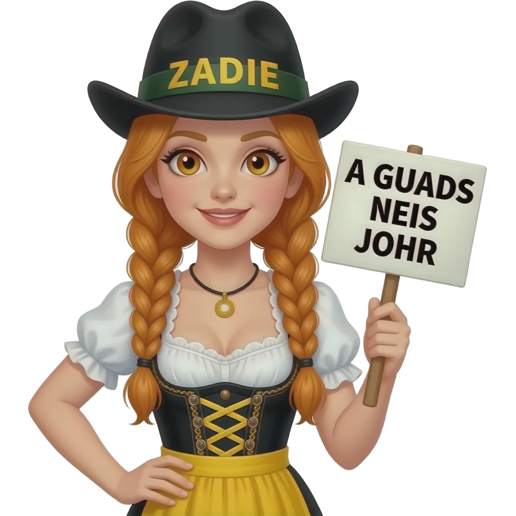 sexy girl with overlong ginger braids and ginger eyes wearing a yellow dirndl and a black bavarian hat with ZADIE written on it, is holding a sign with A GUADS NEIS JOHR written on it emoji