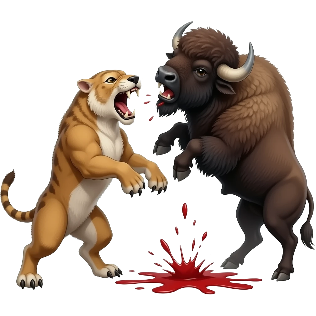 Smilodon and bison battle smilodon kills bison with blood and bison throws smilodon and thud emoji