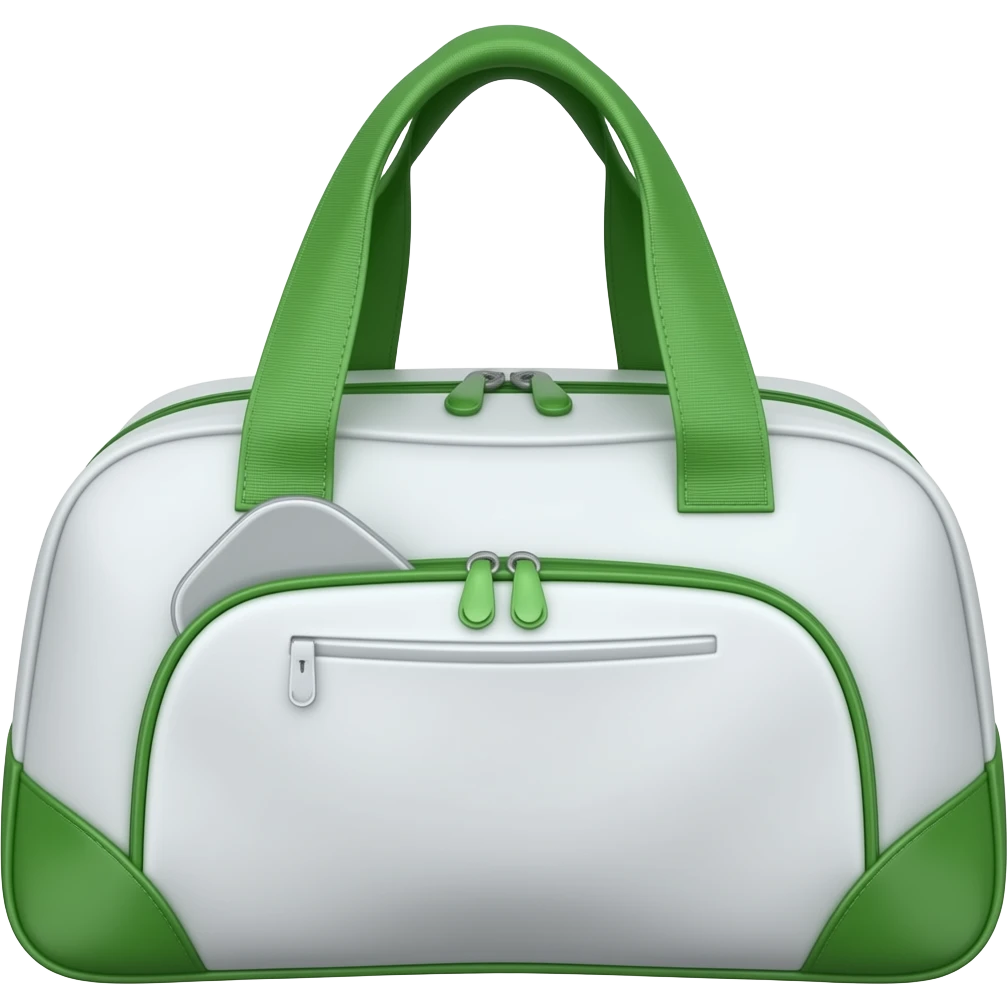 Apple iOS style white sports bag emoji, glossy 3D duffel bag with visible front paddle pocket holding a pickleball paddle, green accent details and piping, minimal luxury design, front-facing, smooth shading, ultra detailed, clean background, premium iOS emoji aesthetic emoji